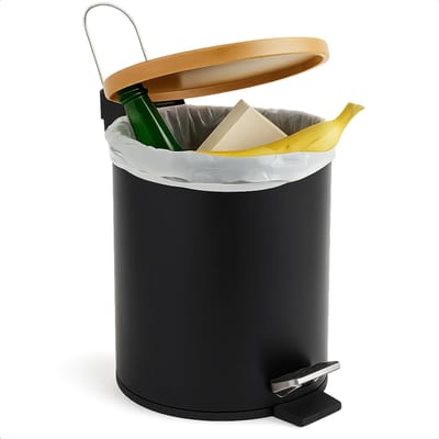Lomera Pedaalemmer - Voetpedaal - Uitneembare Binnenemmer - Bamboe Deksel - Mat Zwart - 5 Liter - Pedaalemmer - Prullenbak - Vuilnisbak - Afvalbak - Handgreep