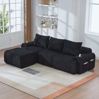 MIVRAY Set 268 x 174 x 80 cm - Modulair 3-Zits Bankstel Met Hocker, Bekerhouder En Opbergtas - Voor Woonkamer - Cord Zwart