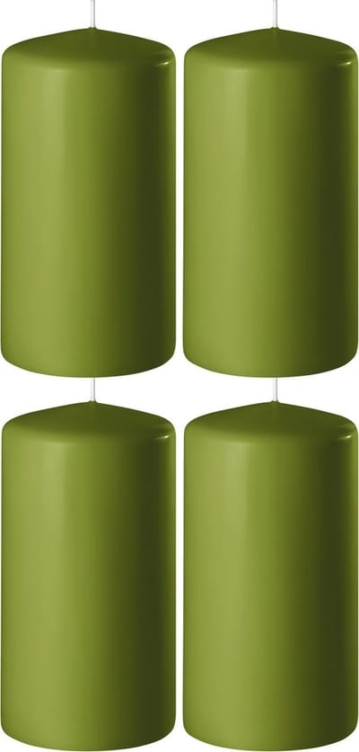 4x Olijf groene cilinderkaarsen/stompkaarsen 6 x 8 cm 27 branduren - Geurloze kaarsen olijf groen - Woondecoraties
