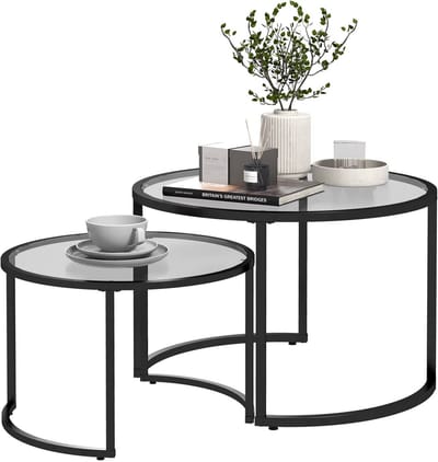 JOYNEXTBUY - Set van 2 Ronde Bijzettafels - Nesttafels - Koffietafel - Gehard Glas en Zwart Koolstofstaal - Moderne Salontafel Set - Zwart