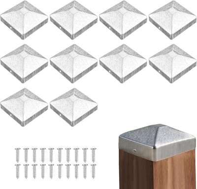 10 stuks vierkante paaldoppen voor houten palen, roestvrij verzinkt met schroeven, duurzame hekpaaldoppen voor terraspalen en tuinhekken