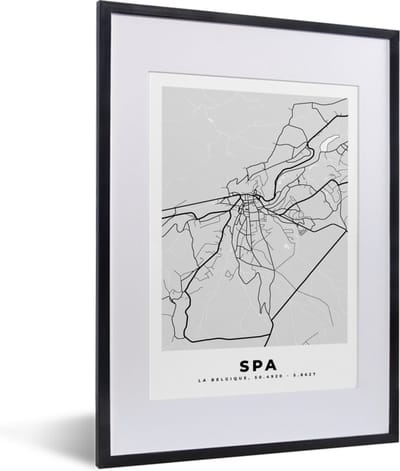 Fotolijst incl. Poster Zwart Wit- België – Spa – Stadskaart – Kaart – Zwart Wit – Plattegrond - 30x40 cm - Posterlijst