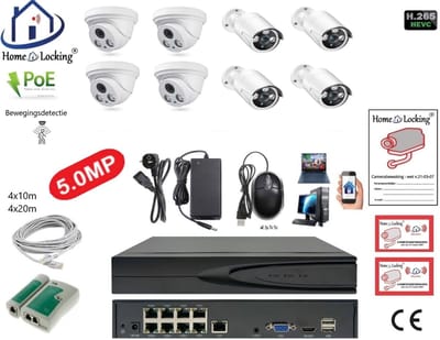 Home-Locking complete set PoE camera beveiligingssysteem met bewegingsdetectie camera's en NVR 8ch 8MP H265 met 4 dome en 4 bullet camera's 5.0MP CS-8-1522