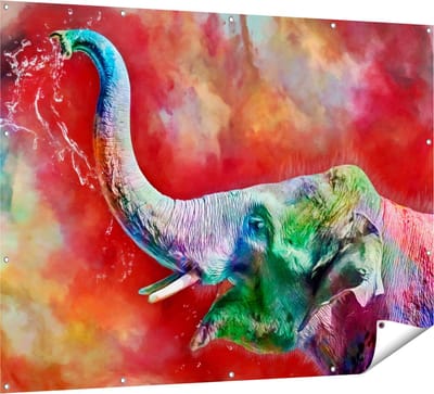 Gards Tuinposter Getekende Vrolijke Olifant - Abstract - 160x120 cm - Tuindoek - Tuindecoratie - Wanddecoratie buiten - Tuinschilderij
