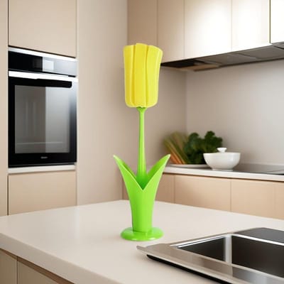 1 brosse à tasse réutilisable en forme de tulipe avec long manche et tête en éponge détachable - Outil de nettoyage de cuisine en plastique durable pour bouteilles et verre jaune