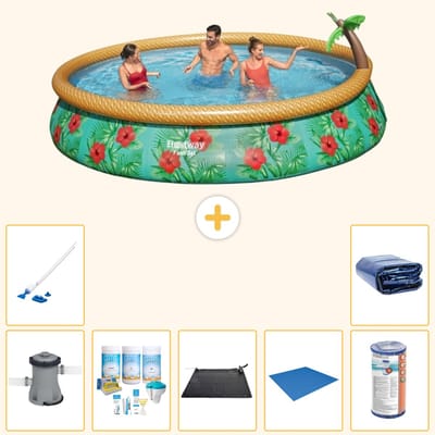 Bestway Rond Opblaasbaar Fast Set Zwembad - Paradijsprint - 457 x 84 cm - Inclusief Pomp - Onderhoudspakket - Solar Mat - Grondzeil - Filter - Stofzuiger - Solarzeil - 8-delig