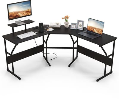 COSTWAY Bureau L-vorm, omkeerbaar hoekbureau met monitorstandaard en laadstation, hoektafel, gaming-computertafel, kantoortafel voor thuiskantoor (zwart)
