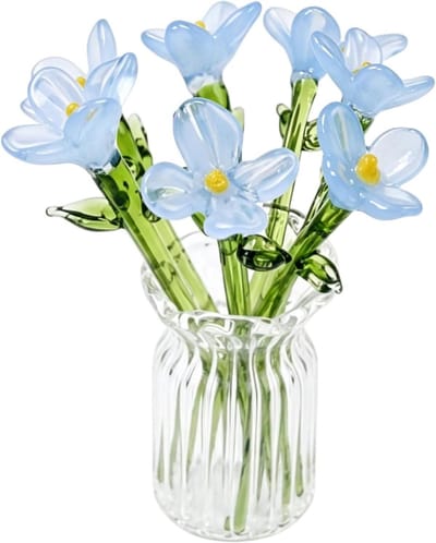 Glazen Bloemen - Mini Boeket - Decoratie Tafelblad - Handgemaakt Ambacht - Compact Formaat - Blauw Jade