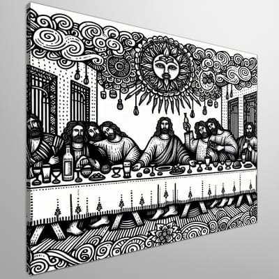 Doodle laatste avondmaal schilderij | Doodle interpretatie van het iconische Laatste Avondmaal kunstwerk | Kunst - 20x20 centimeter op Canvas | Foto op Canvas