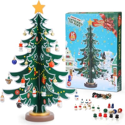 Adventskalender Kerstmis 2025, 24 Dagen met Houten Kerstboom en 36 Decoraties voor Kinderen, Kerstcadeaus en Feestdecoratie