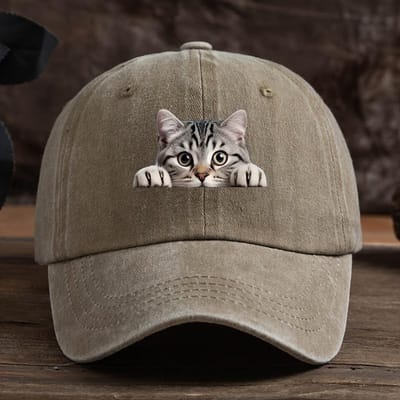 Verstelbare retro gewassen baseballpet band met schattige kattenprint gebogen klep voor zonbescherming voor buitenreizen gray