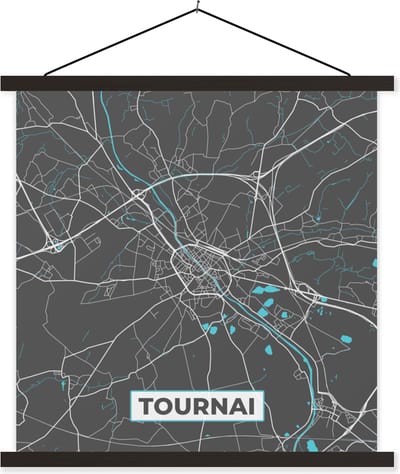 Posterhanger incl. Poster 60x60 cm - Schoolplaat - Stadskaart – Grijs - Kaart – Tournai – België – Plattegrond - Textielposter - Zwarte latten - Stadskaart