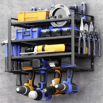 Dailygoods- Wandhouder elektrisch gereedschap - 4 niveaus - gereedschapswand - opbergrek - koolstofstaal - 39,4 x 18,8 x 32,5 cm - Gereedschapshouder