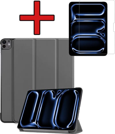 Hoesje - Geschikt voor Apple iPad Pro (2024/2025) - 11 inch - Met Screenprotector - Hardcover Book Case - Trifold Bookcase Hoes - Hard Cover - Tablethoes - Grijs