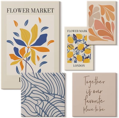 Wallfluent Set van canvas schilderijen - Bloemenmotieven en gestileerde letters uit Londen Canvas Schilderijen Set - Set van 5 Canvas Schilderijen - Beige Set van Canvas Prints - Natuur Canvas Kunst Set - Boheemse Canvas Kunst Set