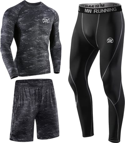 MEETYOO 3 in 1 Compressie Sportbroek Heren - Compressie sportshirt met lange mouwen - Compressie sportlegging-Sportshort --Bedrukt grijs-XXL
