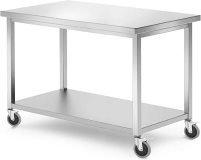 HENDI Werktafel met plank – roestvast staal – 1200x600x850 mm – mobiele tafel met zwenkwielen