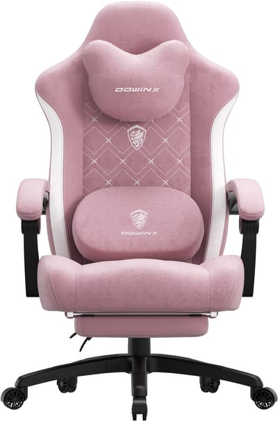 Dowinx Ergonomische Bureaustoel / Gamingstoel – Met verwarmde massage lendensteun – Met zakveer kussen en voetsteun – 150 kg draagvermogen – Grijs – Voor gamen en werken – Afmetingen – PU-leer-Rozig wit