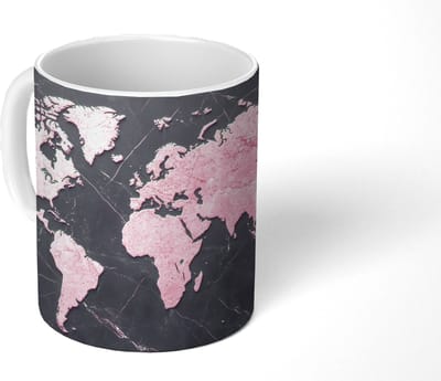 Mok - Koffiemok - Wereldkaart - Roze - Marmer print - Mokken - 350 ML - Beker - Koffiemokken - Theemok