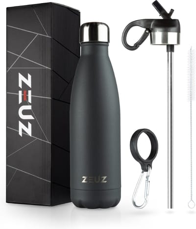 ZEUZ Premium RVS Thermosfles & Drinkfles – Isoleerfles - Waterfles met Rietje - BPA Vrij – 500 ml - Donkergrijs