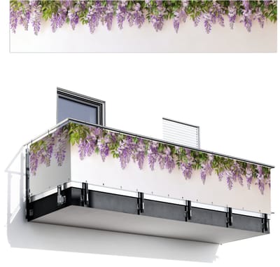 Balkonscherm 500x100 cm - Balkonposter Blauwe regen - Bloemen - Paars - Balkon scherm decoratie - Balkonschermen - Balkondoek zonnescherm