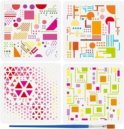 4 Stuks Geometrische Verf Sjablonen met 1 Plastic Verfkwast - Decoratieve Patronen voor Hout, Stof en Muurdecoratie - Creatief DIY Project voor Thuis