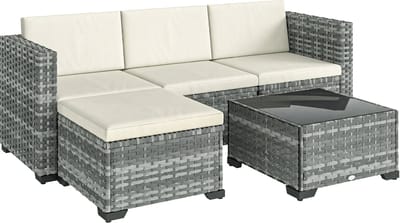 Balkonset 4 personen - Tuinset - Bistroset - Grijs + Zwart + Crème Wit - Weerbestendig - 5 delig - Tuintafel en 4 stoelen - 4 personen - Poly Rattan