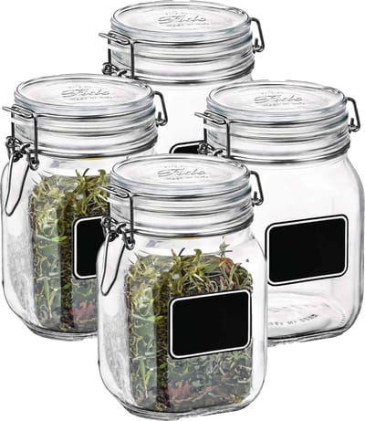 Bormioli Rocco Voorraad/weckpot - 4x - glas - transparant - krijtplaatje - 16 x 10,6 cm - 1 L
