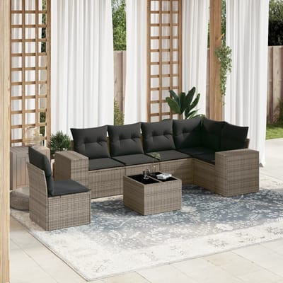 vidaXL - 7-delige - Loungeset - met - kussens - poly - rattan - grijs