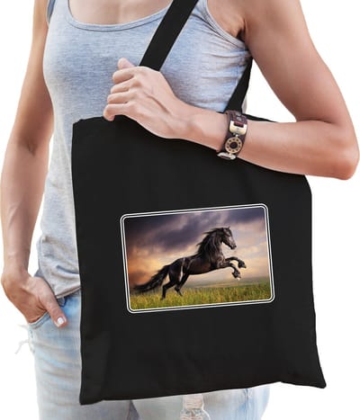 Dieren tasje met paarden foto - zwart - voor volwassenen - natuur / paard cadeau tas