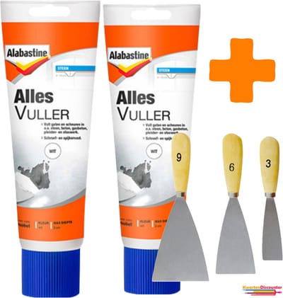 Alabastine Allesvuller Wit - Alles Vuller - Vulmiddel - 2x400 gram + KD Plamuurmes Set 3-Delig (3cm, 6cm, 9 cm)