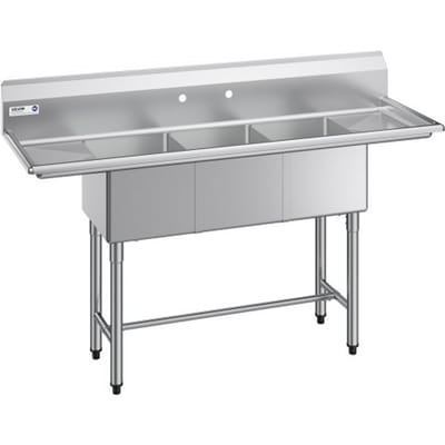 VEVOR 3-koms spoelbak met 2 afvoeren en spatbescherming, keuken spoelbak (1678 x 558 x 1097 mm), keuken spoelbak voor restaurants, foodtrucks en privégebruik, roestvrijstalen spoelbak