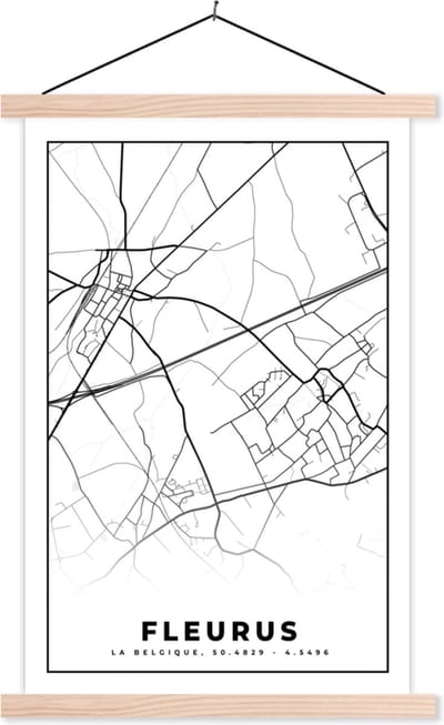 Posterhanger incl. Poster 40x60 cm - Schoolplaat - Plattegrond – Fleurus – Zwart Wit – Stadskaart - Kaart - België - Textielposter - Blanke latten - Stadskaart
