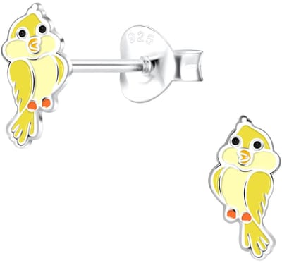 Joy|S - Zilveren vogel oorbellen - 4 x 8 mm - geel vogeltje - kinderoorbellen