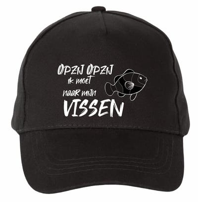 Mijncadeautje - 5 panel - Cap - Verstelbaar - Pet van 100% dik geborsteld katoen- unisex - opdruk wit - opzij opzij naar mijn vissen - zwart