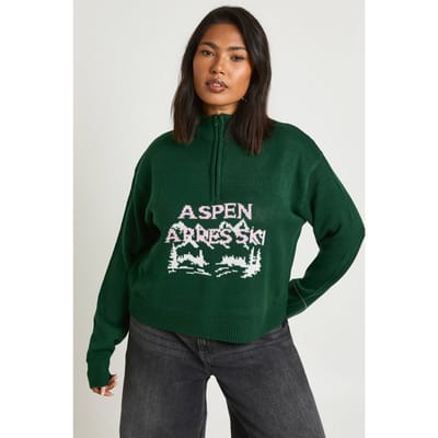 boohoo Dames Plus Aspen Apres-Ski Half Zip Kersttrui | Green | Maat: 18-20