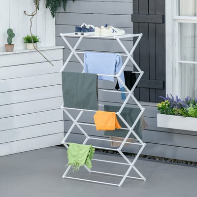 MEUNIQ Droogtoren 74 x 35 x 144 cm inklapbaar 8-staps met 10 droogstangen en bovenrek, vrijstaand wasrek zonder montage, wit