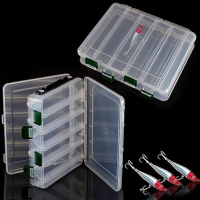 Set van 2 Dubbelzijdige Waterdichte Opbergdozen voor Vissers - Transparante Plastic Tackle Box met Afvoergaten voor Aas en Accessoires (20 x 17 x 4.5 cm)
