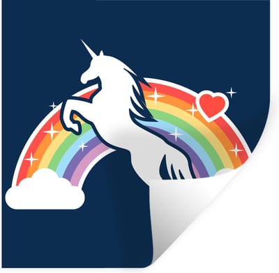 Muurstickers - Sticker Folie - Een illustratie van een witte eenhoorn voor een regenboog op een blauwe achtergrond - Meisje - Kind - Kindje - 120x120 cm - Plakfolie - Muurstickers Kinderkamer - Zelfklevend Behang XXL
