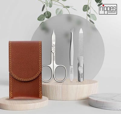 Nippes Solingen Manicure set 3-delig - RVS – CLASSIC - Bruin Leren Etui - Handgemaakt - 25 Jaar Garantie