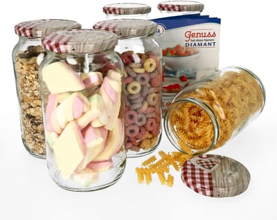 Set van 6 ronde potten 1062 ml To 82 houten hart rood deksel incl. Diamant Gelierzauber receptenboekje