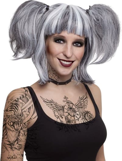 Funny Fashion Gothic/Halloween damespruik met staartjes - grijs - famous caracters - carnaval