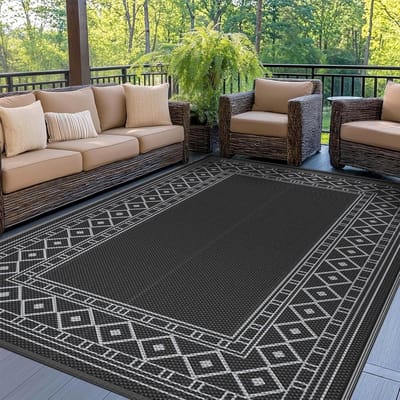 Buitenkleed Waterdicht, Wasbaar Picknickkleed voor Tuin, Balkon, Terras, UV-bestendig, Omkeerbaar Vloerkleed voor Camping, 150x240cm, Zwart grijs