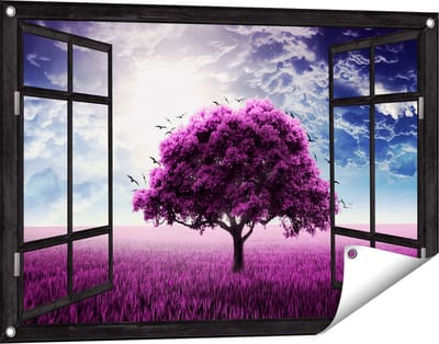 Gards Tuinposter Doorkijk Paarse Boom in het Paars Veld met Vogels - 90x60 cm - Tuindoek - Tuindecoratie - Wanddecoratie buiten - Tuinschilderij