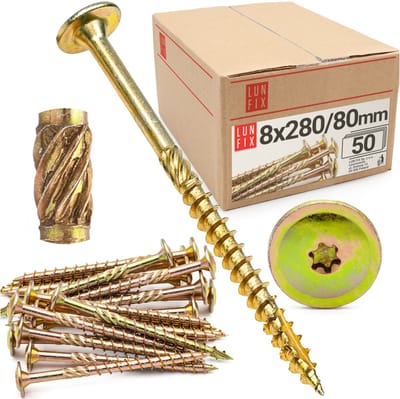 LUN FIX - Tellerkopfschroeven 8x280 - 50 stuks - TX40 Torx - Tellerkop met freestrips - Houtschroeven