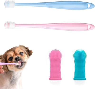 Famanu – Set van 4 Tandenborstels met Lange Handgreep – Voor Honden -Katten en Kleine Huisdieren -Zachte Borstelharen