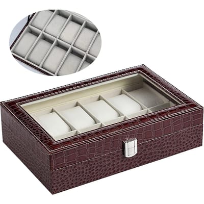 Boîte à Montres 12 Emplacements Cuir Artificiel Couvercle Transparent Vitrine Présentoir Organisateur Support Montre avec Clé pour Hommes gray
