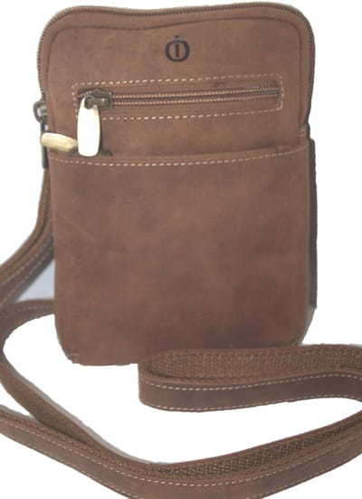 Oi Hunter bruin leren Damestasje of Herentasje kleinst / plat en compact leren reistasje / tasje ook cross te dragen / Hunter bruin rundsleder / 381H