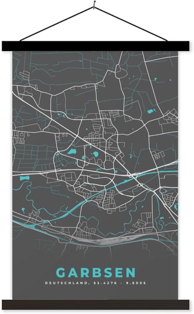 Posterhanger incl. Poster 60x90 cm - Schoolplaat - Blauw – Duitsland – Plattegrond – Gold – Stadskaart – Kaart – Garbsen - Textielposter - Zwarte latten - Stadskaart