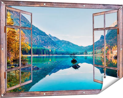 Gards Tuinposter Doorkijk Meer met Herfstbomen - 120x80 cm - Tuindoek - Tuindecoratie - Wanddecoratie buiten - Tuinschilderij